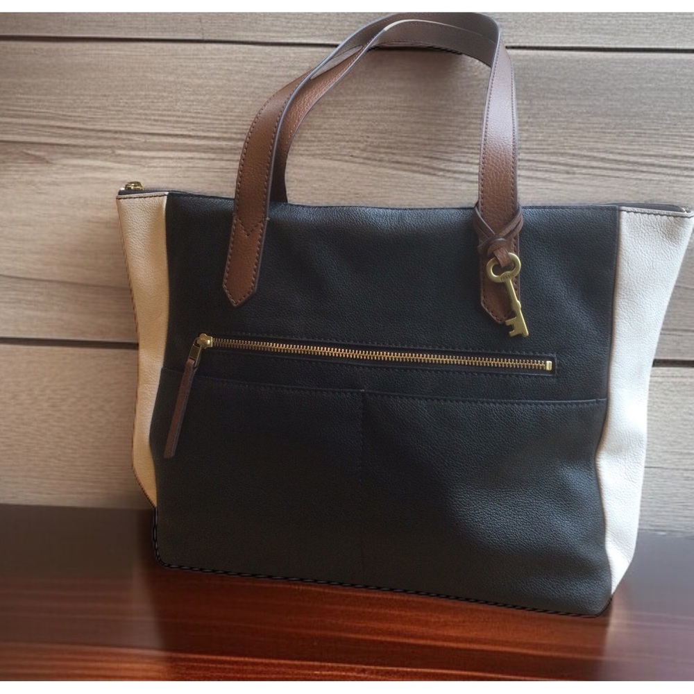 Fossil Leather Tote Bag Black & White Fiona East/West